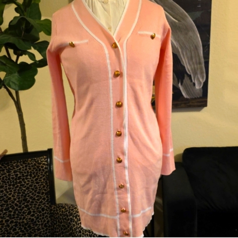 Pink and Gold Knit Cardigan Dress V-Neck Gold Buttons Preppy